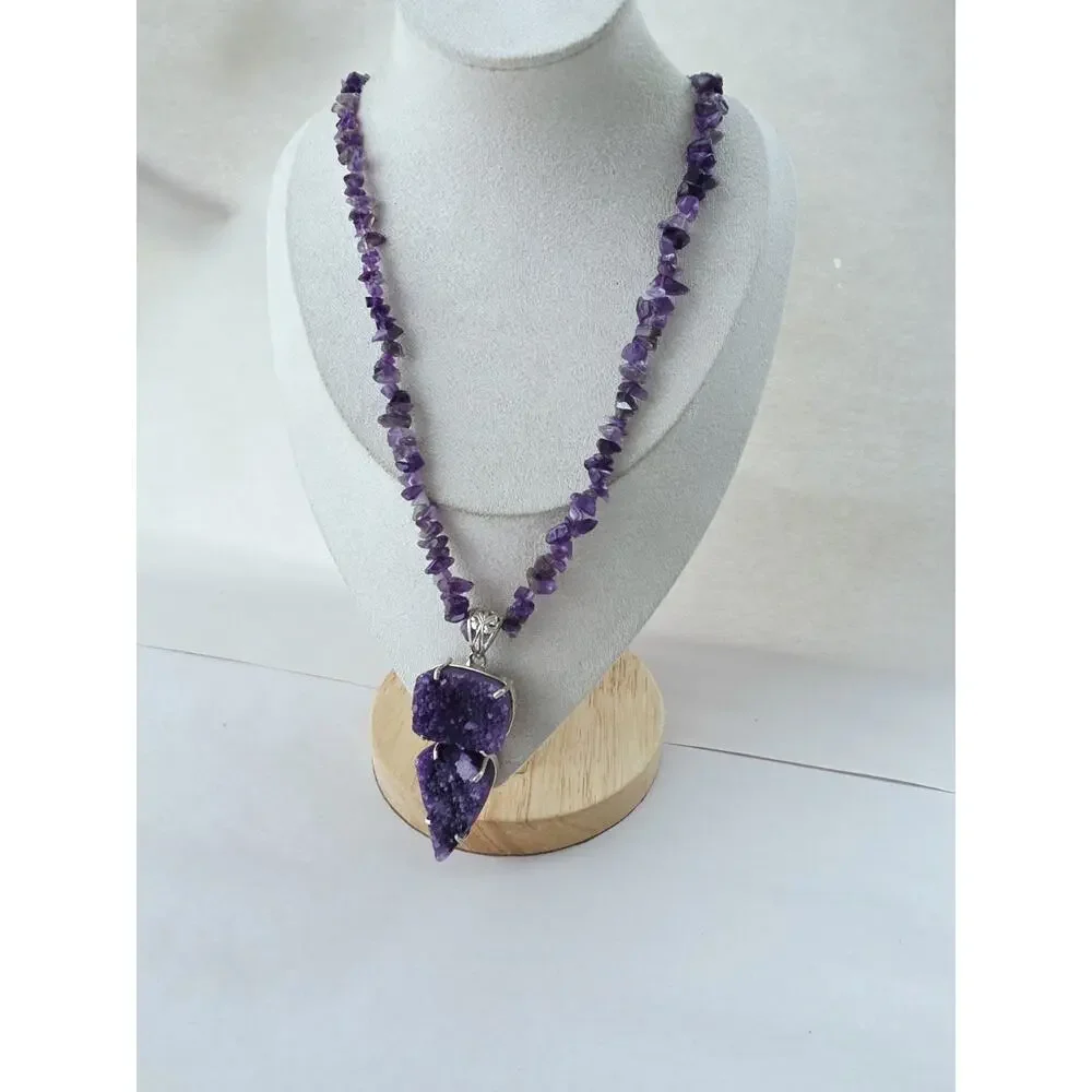 Statement Amethyst Stone‎ Silver Plated Beaded Necklace New Purple Long Festival